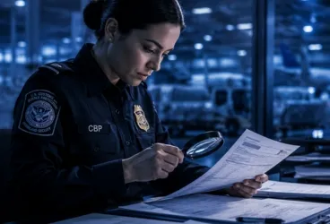 Compliance specialist reviewing shipping records and regulatory documentation for healthcare and life science logistics.