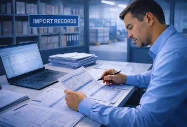 Customs clearance specialist reviewing import records and shipping documentation for international healthcare and life science shipments.
