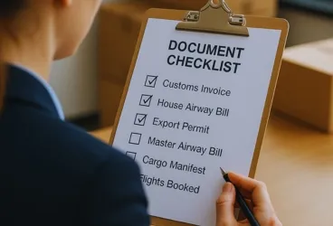 Shipping compliance specialist reviewing airway bills, customs documents, and cargo paperwork for international healthcare and life science shipments.