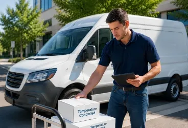 Temperature-controlled logistics specialist preparing healthcare shipment for pickup and delivery services.