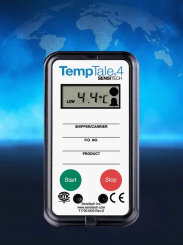 Cold chain temperature data logger monitoring healthcare and life science shipments during transportation.