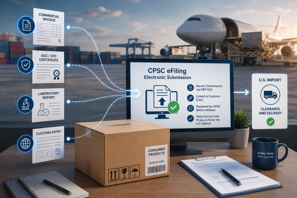 Illustration of the CPSC eFiling process showing import compliance documents electronically submitted for U.S. consumer product imports.